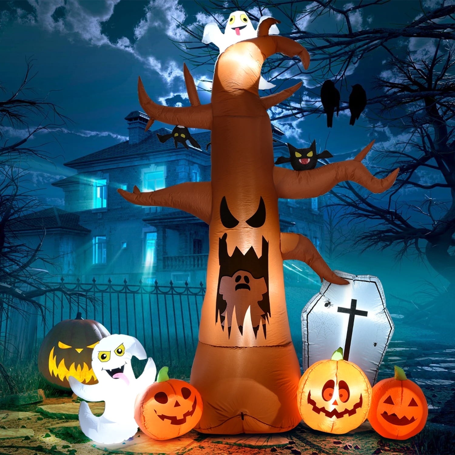 Coolmade 8 ft Halloween Inflatable Dead Tree with Ghost Pumpkins Tombstone Bat Built‑in LED Lights Outdoor Yard Decor`