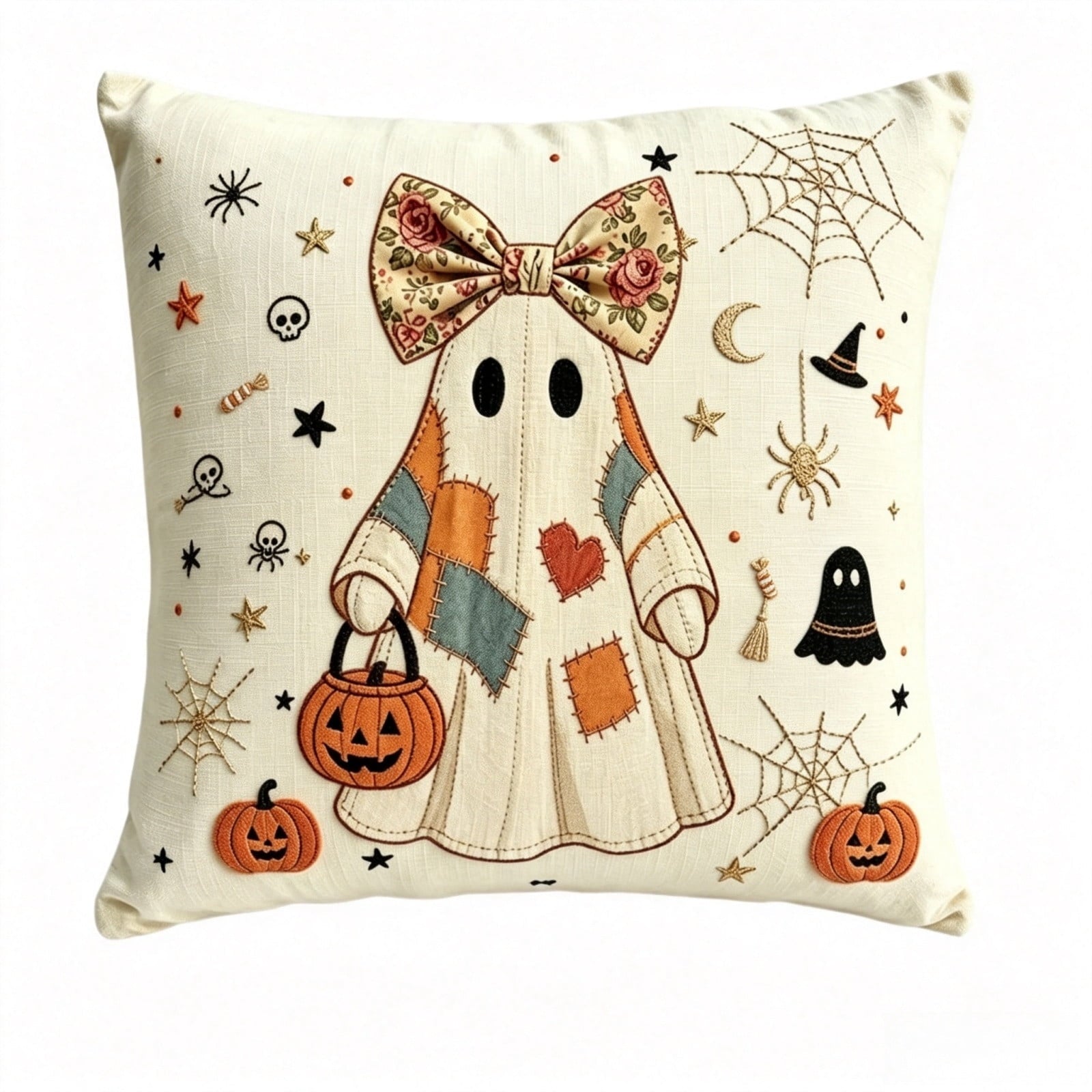 Halloween Ghost Reading Book Throw Pillow Cover, Spooky Library Bookshelf Skull Candlestick Decorative Pillowcase, Retro Halloween Cushion Cover