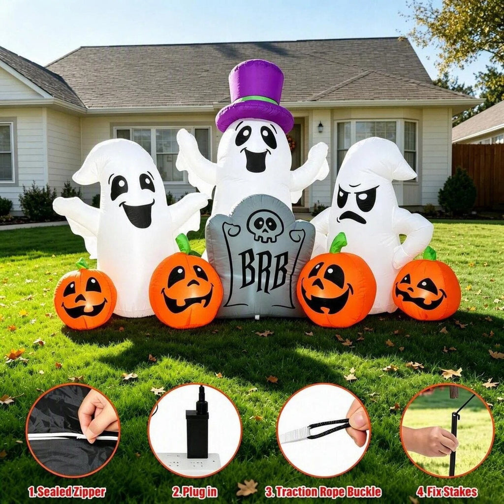 7FT Halloween Inflatable Ghosts Decoration with Pumpkin Tombstone,Blow up Yard Inflatables with Built-in LED Lights for Halloween Decoration,Halloween Party,Lawn,Garden
