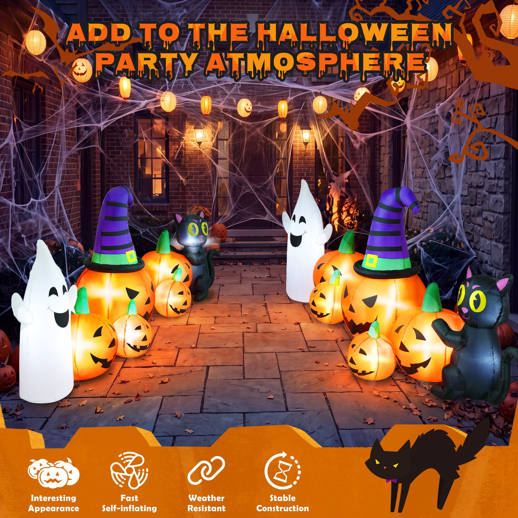 Yexmas 8 FT Long Halloween Inflatable Ghost with Witch Hat, 6 Pumpkins Halloween Blow Ups with Black Cat for Halloween Party Outdoor Yard Garden Lawn Decor