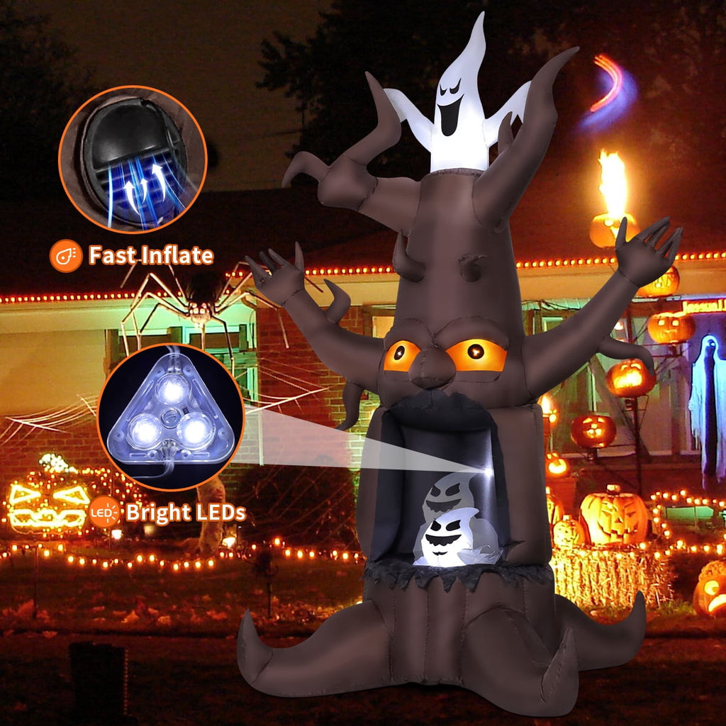 GOOSH Halloween Inflatables 9 FT Animated Halloween Tree Inflatables with Built-in LED lights, Scary Spooky Tree Inflatable with White Ghost, Outdoor Halloween Decorations for Halloween Holiday Party