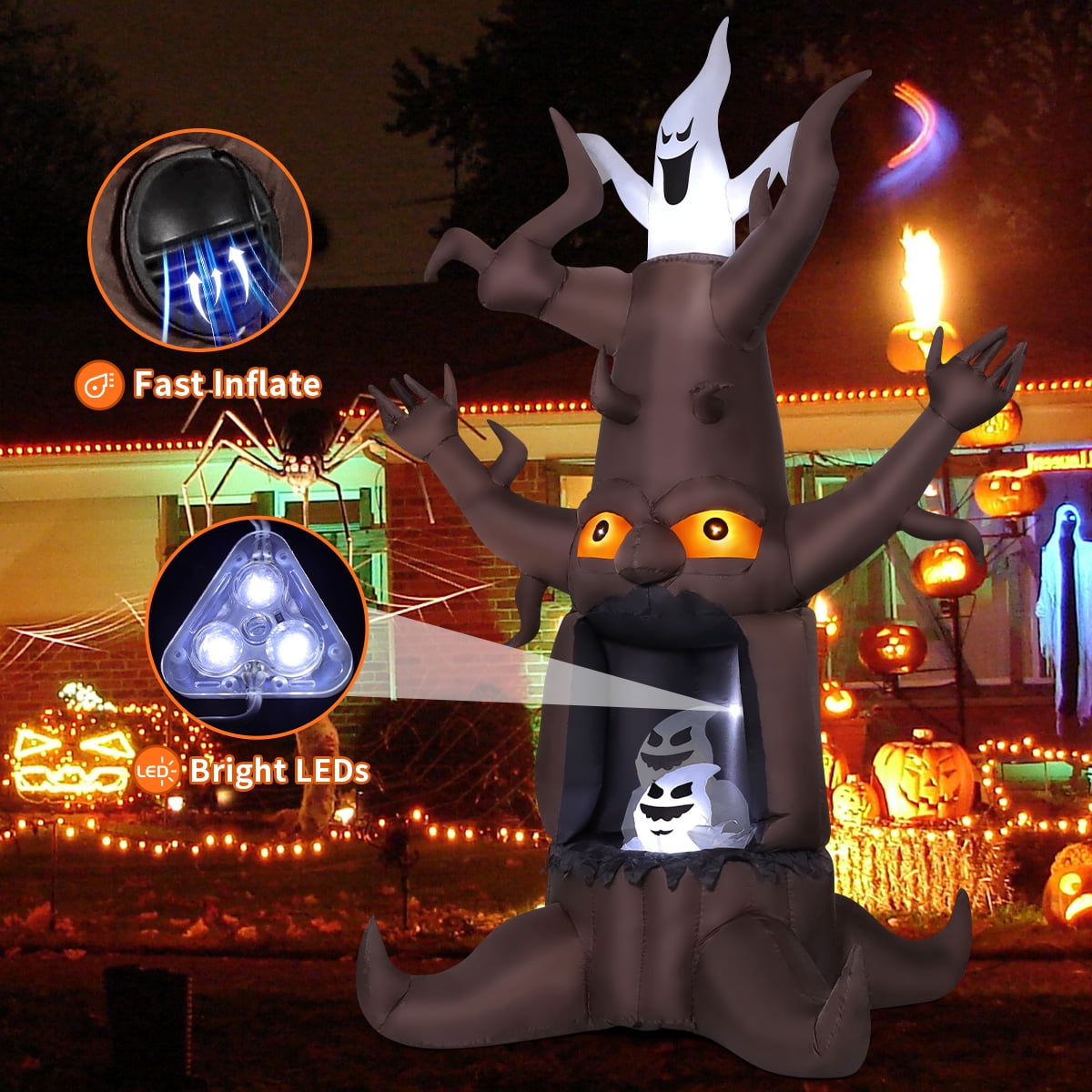 GOOSH Halloween Inflatables 9 FT Animated Halloween Tree Inflatables with Built-in LED lights, Scary Spooky Tree Inflatable with White Ghost, Outdoor Halloween Decorations for Halloween Holiday Party
