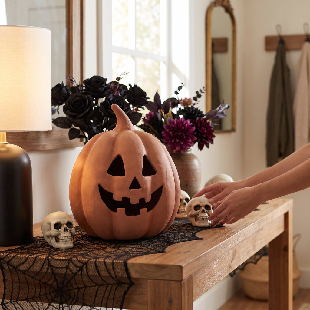 Paper Mache Jack-o'-Lantern Decoration, Black, 8.25", Halloween by Way To Celebrate