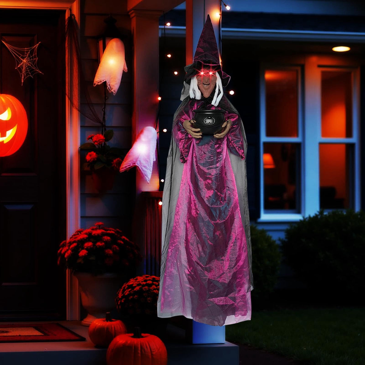 Halloween Animatronics Witch Clearance, Voice Activated Purple Escape Haunt Halloween House Décor & Fright Fest Prop, Life Size Animated Halloween Decoration Outdoor