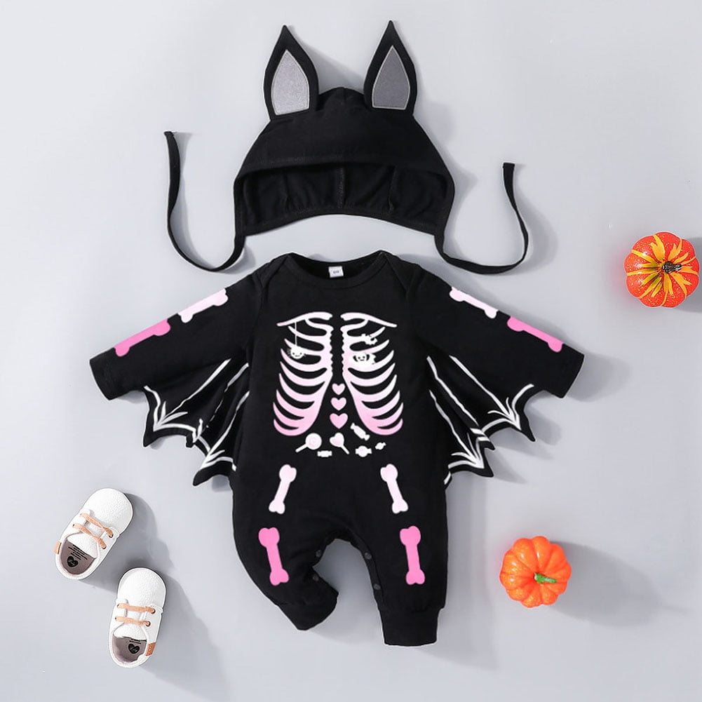WIBACKER My First Halloween Costume Newborn Infant Baby Girl Boys' Skeleton Print Jumpsuit Onesies Hat Set