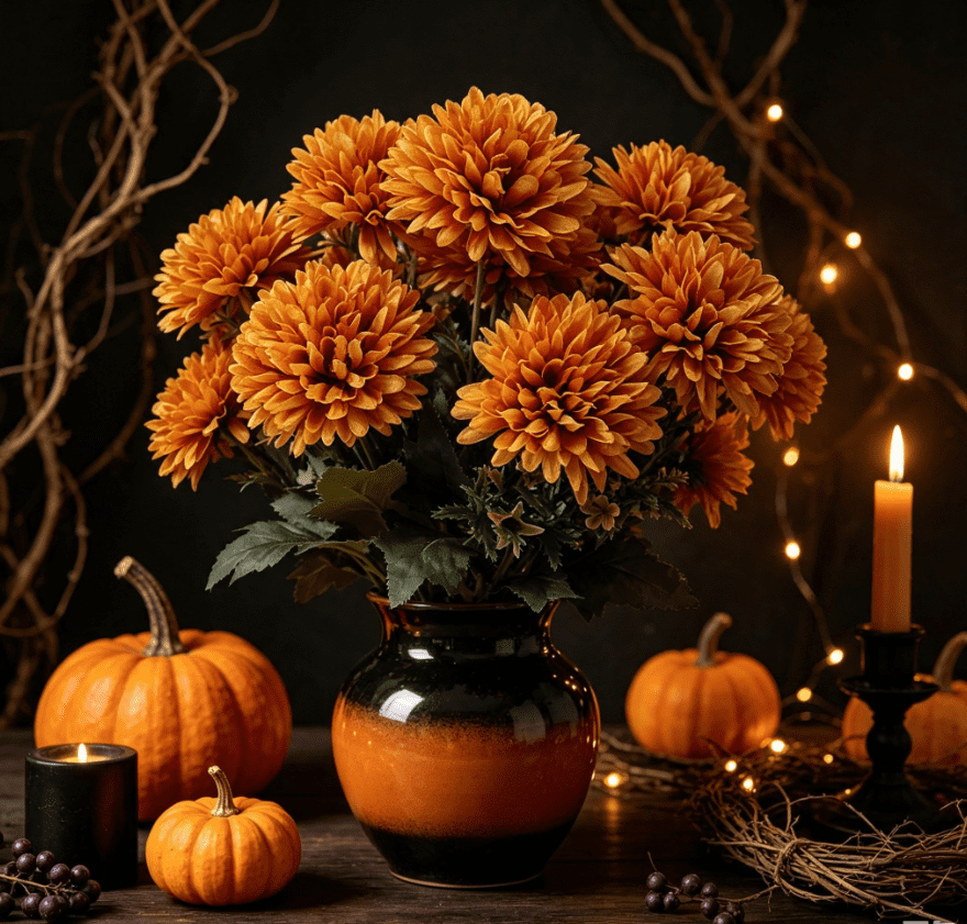 Fall Outside Decor Simulation 6-Head Chrysanthemum Bouquet Autumn Edition - Sapphire Blue Fake Flowers For Outdoors Fall Door Decor Faux Pumpkins For Outdoor For Fall Decor