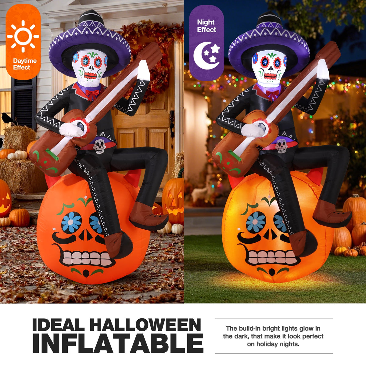 Ayieyill 6FT Halloween Inflatable Outdoor Decoration, Day of the Dead Skull with Guitar, Blow Up Yard Decor