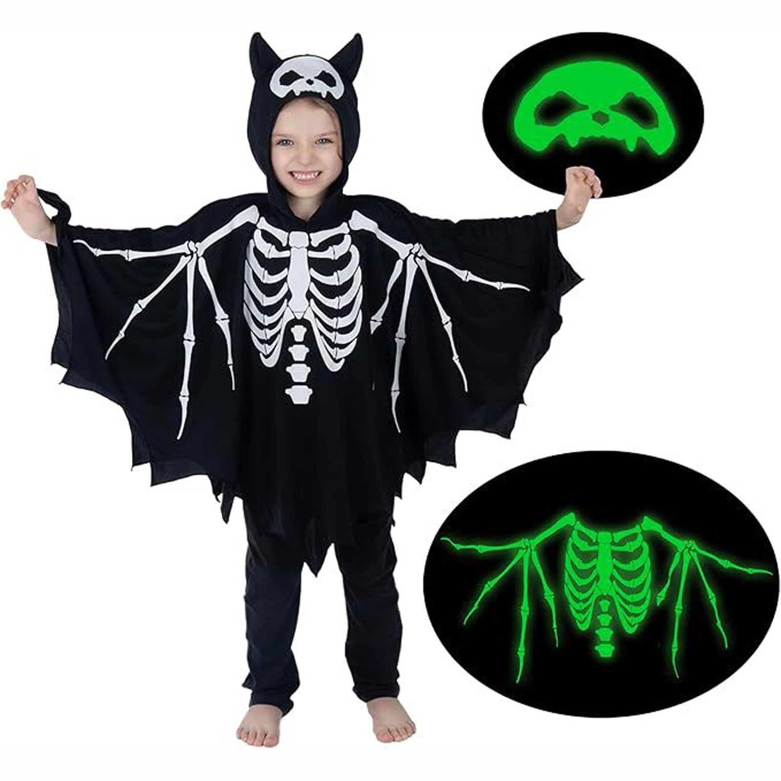 TBWNWG Halloween Boys Skeleton Jumpsuit Scary Bone Outfit Kids Party Cosplay Theme Dress Up Bat Hooded Unisex Long Sleeve,Sizes 5-6 Years