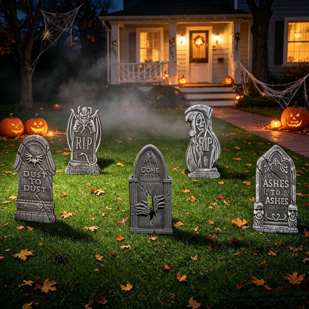 Coolmade 17 Inch Halloween Tombstones, 5 Pack Foam Yard Decor with Stakes, Gray Outdoor Graveyard Headstones