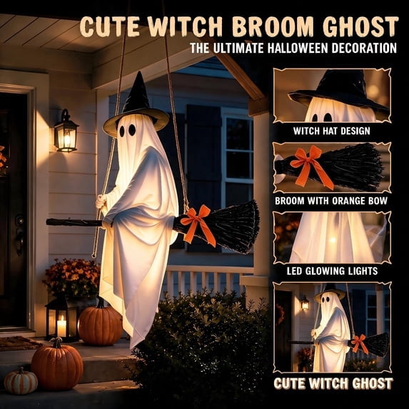 Clearance 5 FT Hanging Ghost Decor,Early Halloween Decorations Light-Up Flying Ghost on Broomstick with Witch Hat, Witch Broom, Spooky Cute Outdoor Halloween Decorations for Front Porch Yard Tree