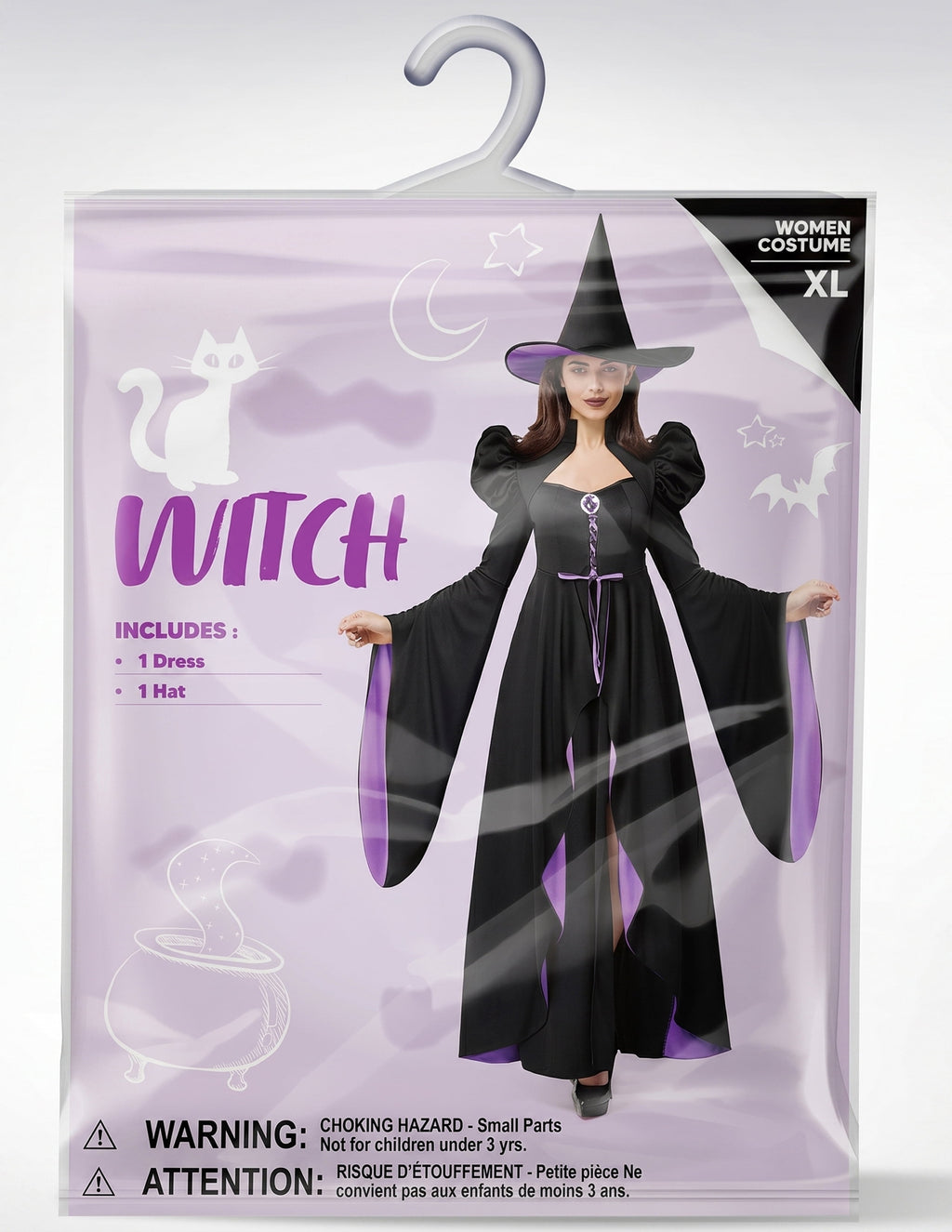 Joyfy Witch Costume for Women, Starry Witch Dress with Belt Hat for Adult Halloween Party Cosplay Dress up