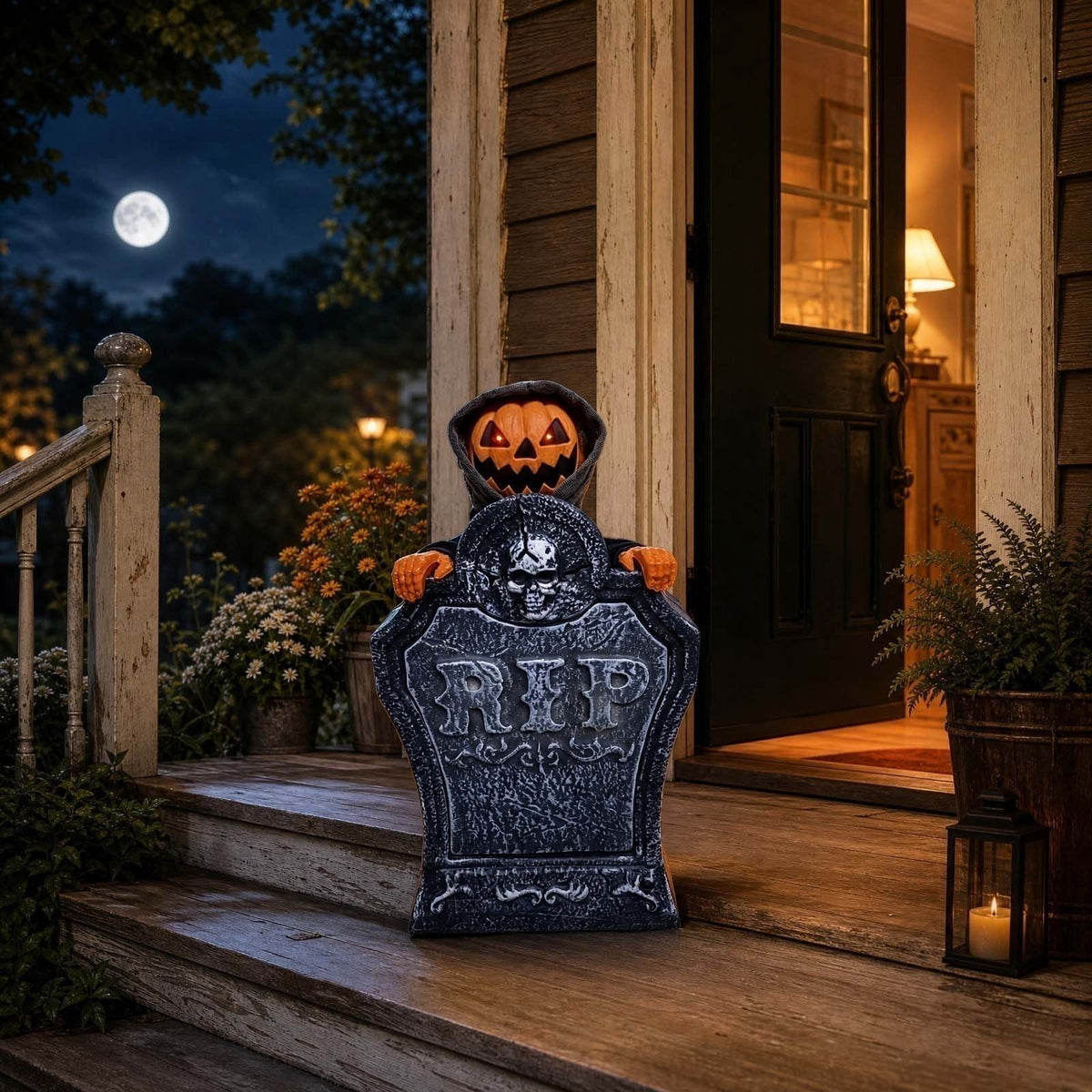 EWASWON Halloween Animated Tombstone, Motion Activated Gravestone with Rising Skeleton, Glowing LED Eyes & Scary Sounds, Outdoor Yard Decoration