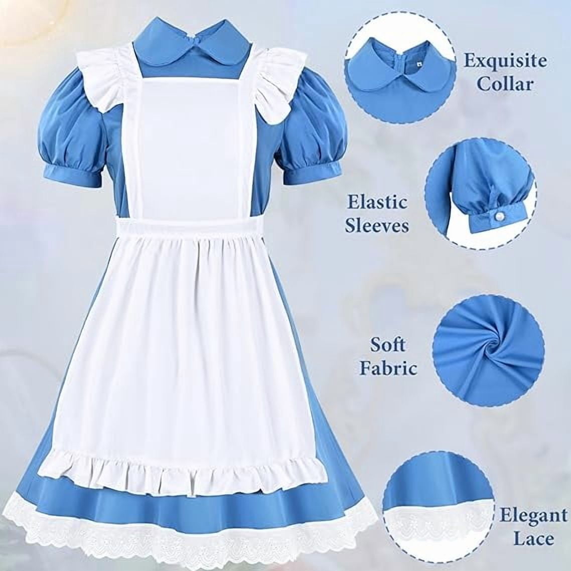 MARTINE MALL Women Halloween Blue White Princess Costume Dress With Bow Hair Band Stockings Set