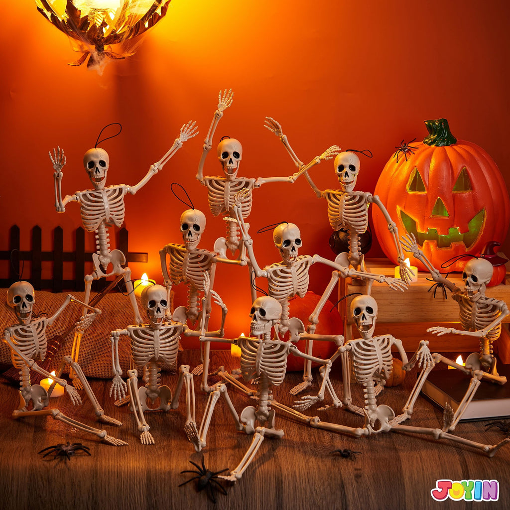 Joyfy 5 Pcs Halloween Skeleton Decorations,16 inch Full Body Poseable Skeleton with Movable Joints for Halloween Indoor Outdoor Party,Graveyard,Haunted House Accessories,White