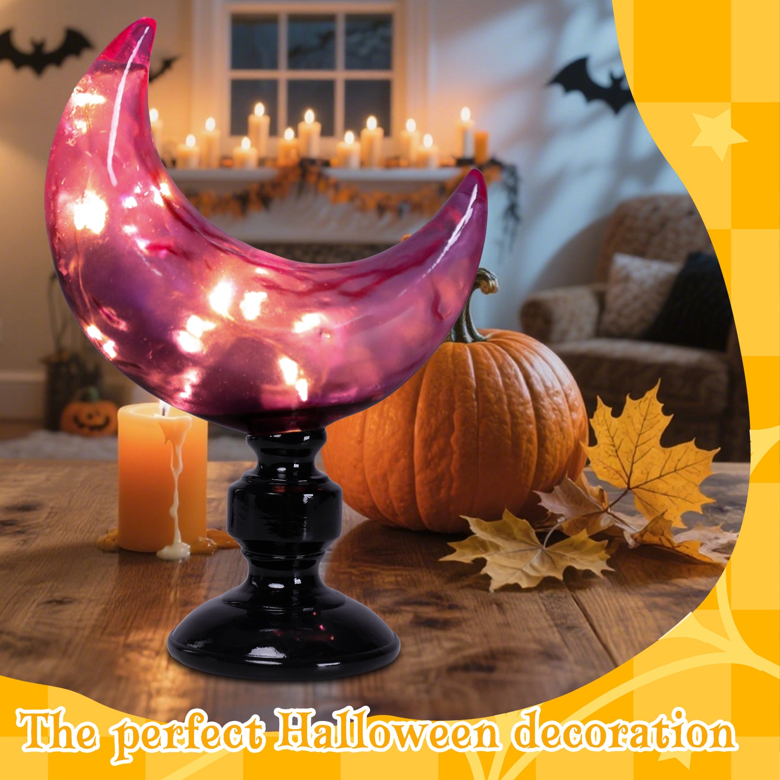Halloween Purple Glass Moon Ornament with LED Lights, Swirled Pattern & Black Pedestal for Halloween Decor,Indoor Table Decor