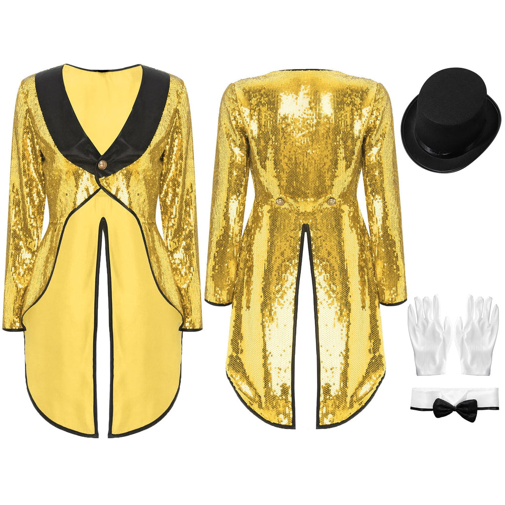 iiniim Women Magician Cosplay Sequin Tailcoat Circus Showman One-Button Tuxedo Jacket Outfits Red M