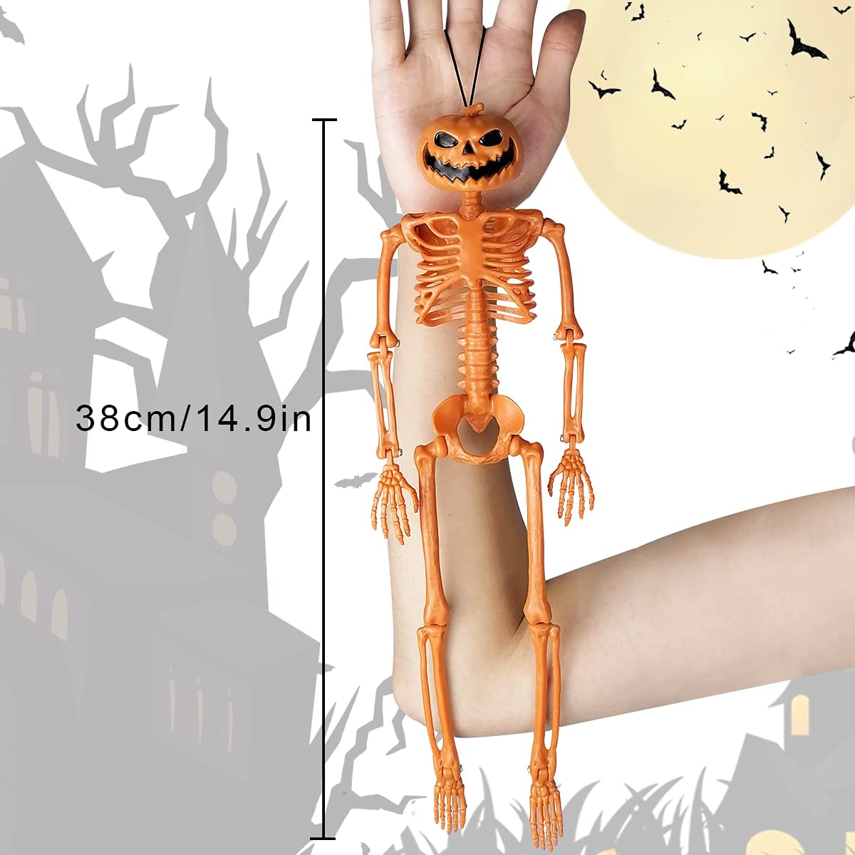 TETOU 2 Packs Halloween Skeletons, 14.9" Halloween Full Body Skeleton with Posable Joints for Haunted House Graveyard Props Decor