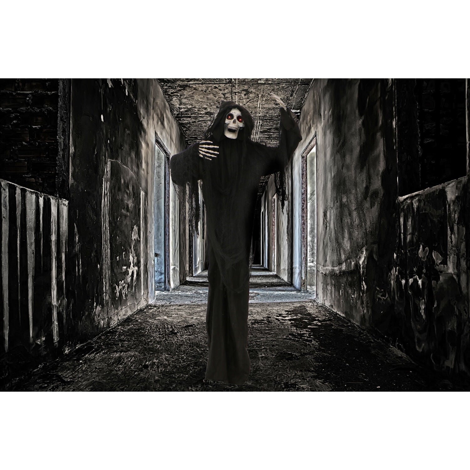 Haunted Hill Farm 5 ft Life-Size Animated Grim Reaper Prop w/ Chain and Rotating Head for Indoor or Outdoor Halloween Decoration, Battery-Operated
