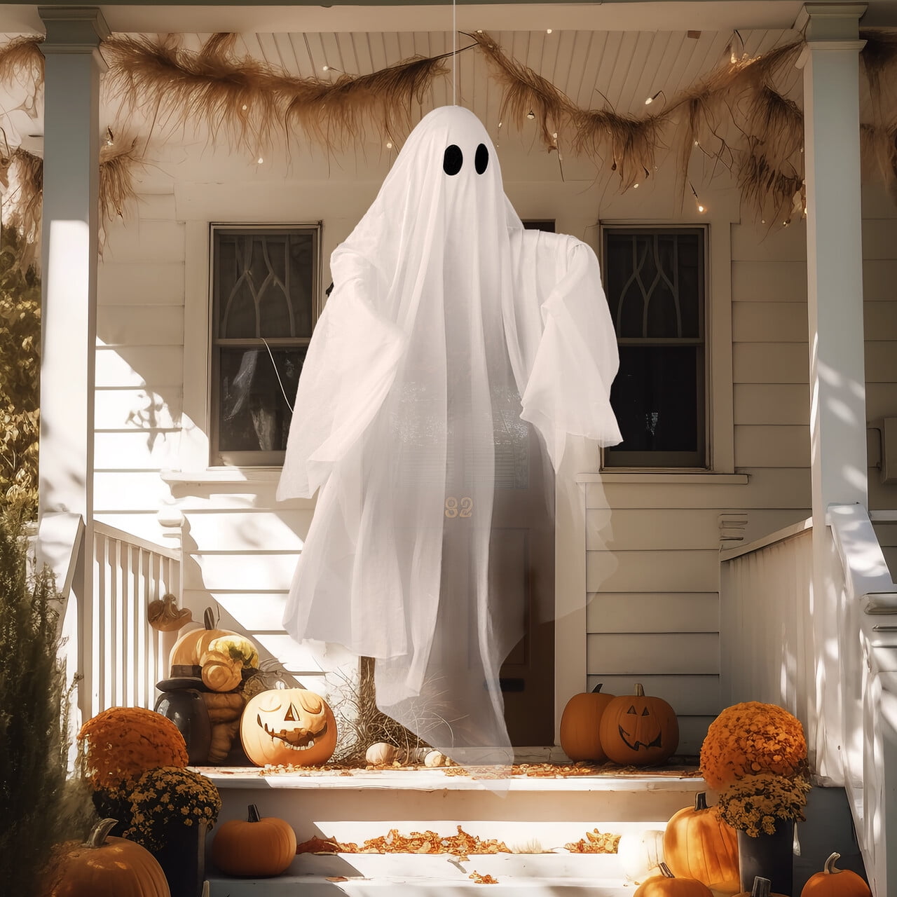 Joyfy 47" Halloween Hanging Light up Ghost Decorations Outdoor,White Ghosts with Blue LED Light and Timer Halloween Hanging Decoration Waterproof for Front Yard Patio Lawn