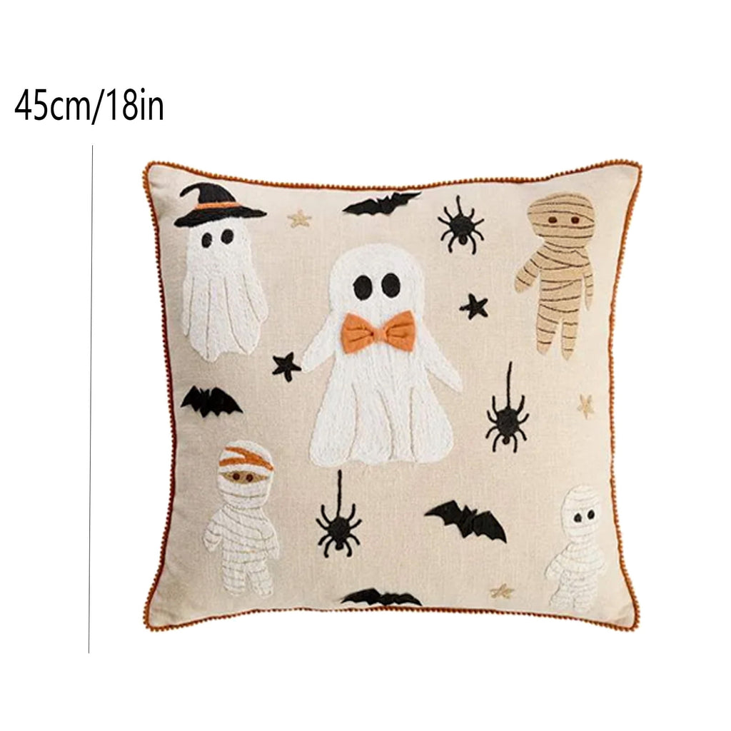 Yeciiwht Halloween Throw Pillow Cover – 18*18inch Embroidered Linen Cushion Case with Ghost, Mummy & Bat Designs, Invisible Zipper, Machine Washable
