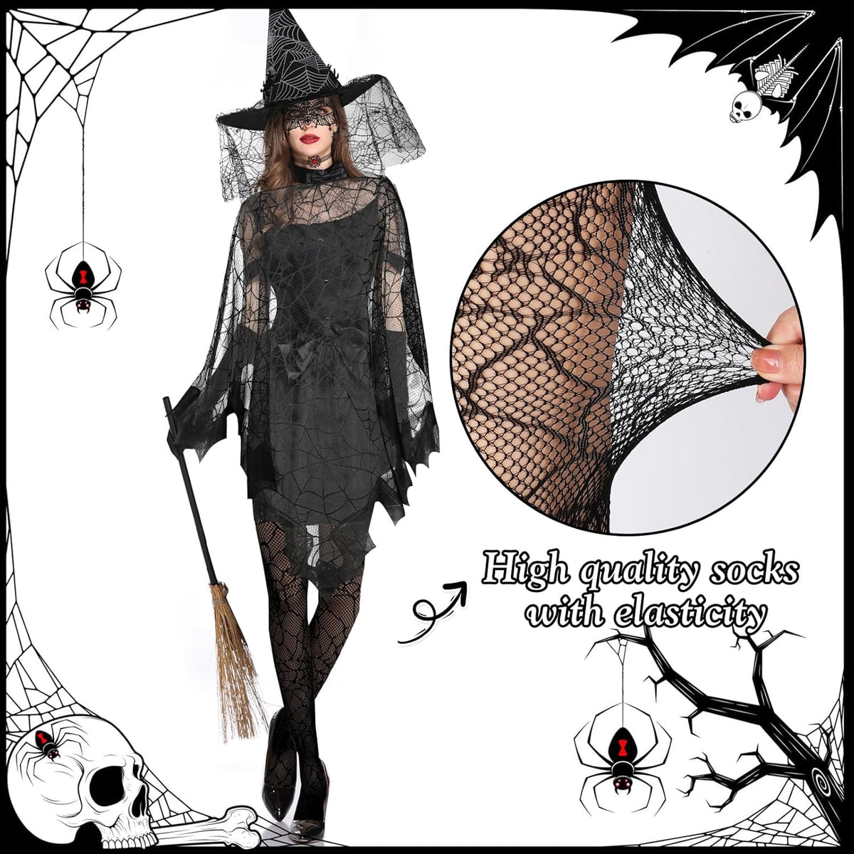 HIFOT 6pcs/set Spider Costume Adult Spider Web Poncho Tights Spider Necklace Chocker Earings Mask and Witch Hat Halloween Costumes for Women