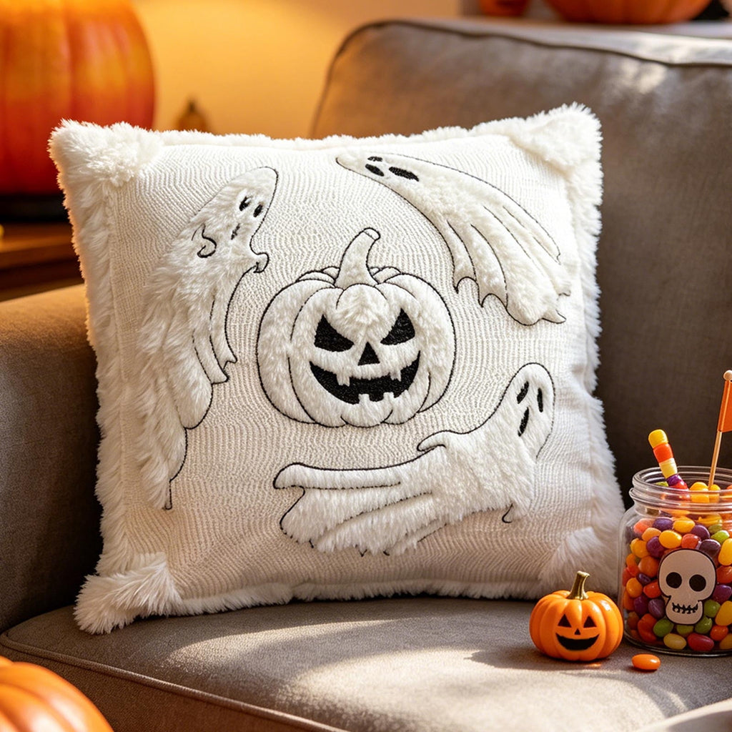Yeciiwht Halloween Throw Pillow Cover – 18*18inch Embroidered Linen Cushion Case with Ghost, Mummy & Bat Designs, Invisible Zipper, Machine Washable