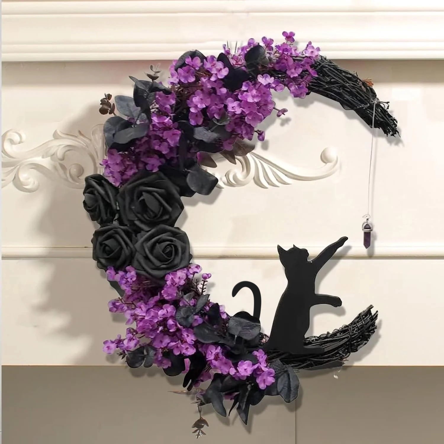 Myecovie Halloween Wreath for Front Door Halloween Moon Wreath with Mini Black Cat Grapevine Wreath Halloween Door Wreath Decorations for Home Party Indoor Outdoor-14"