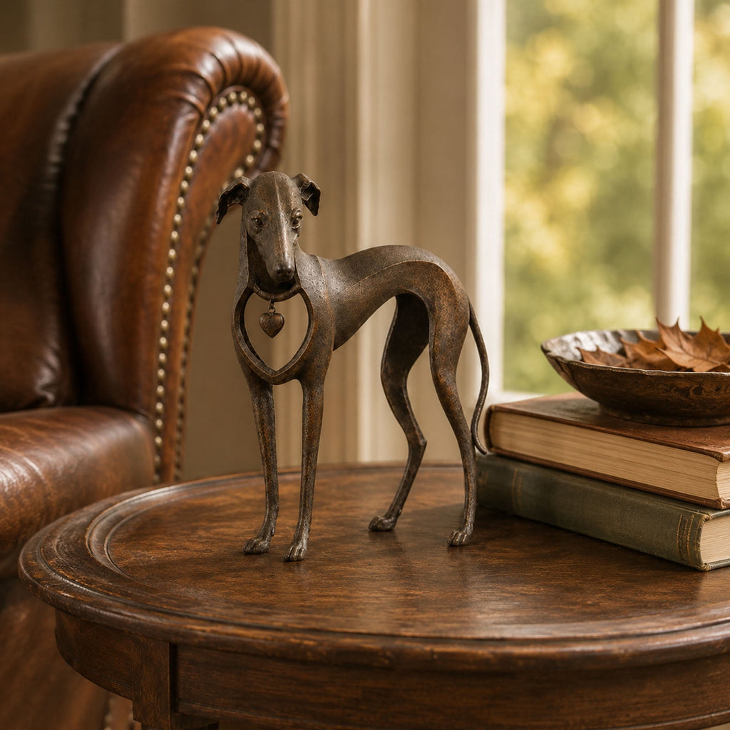 Whippet Dog Figurine, Rustic Bronze Heart Collar Resin Sighthound Decor for Shelf, Home Decor