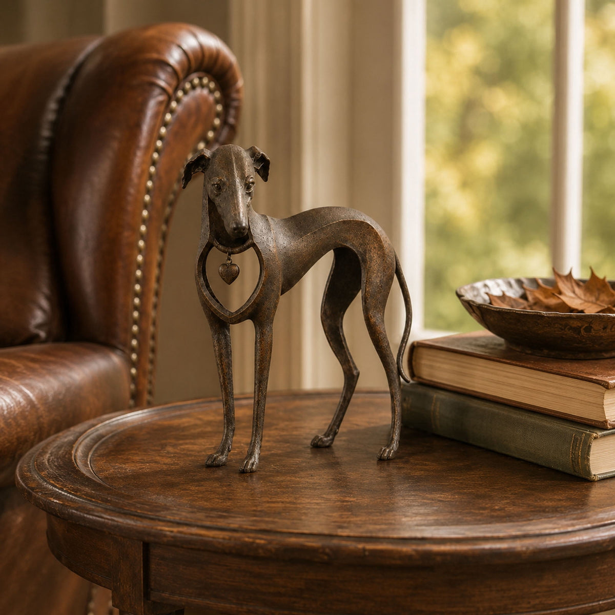 Whippet Dog Figurine, Rustic Bronze Heart Collar Resin Sighthound Decor for Shelf, Home Decor