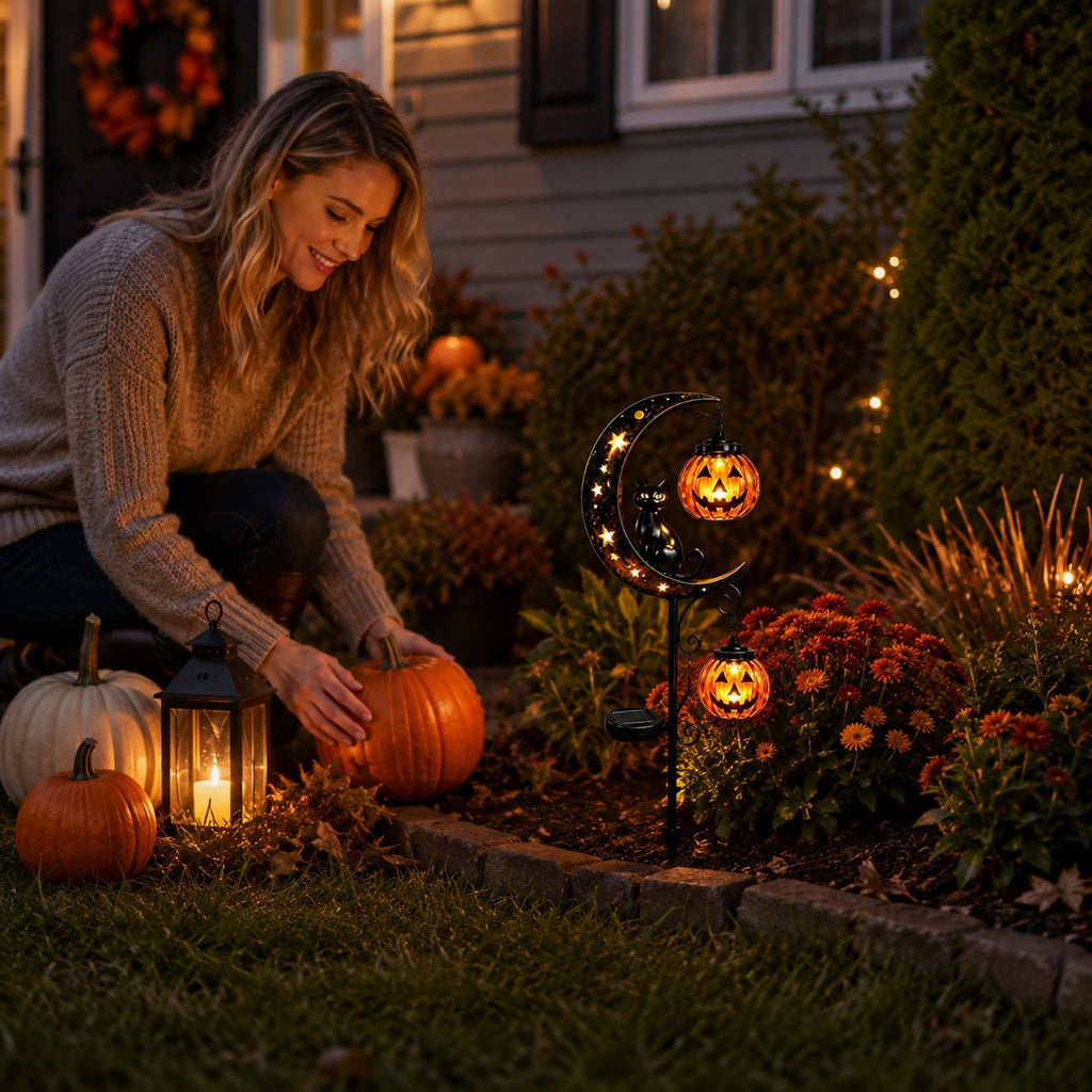 Solar Halloween Black Cat & Pumpkin Moon Garden Stake Light, Solar Black Cat Stake Light Spooky Garden Decor with LED Glow, Waterproof, Halloween Decor for Patio, Lawn, Pathway