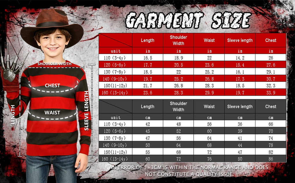 BUXULYP Halloween Killer Costume Kids Red Striped Sweater Hat Glove Claws Cosplay Outfits for Boys Girls Toddler Youth
