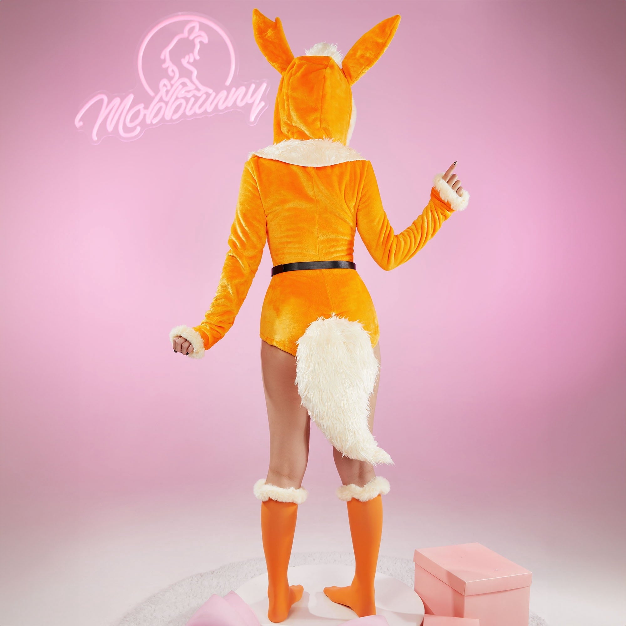 Women sexy Fluffy Hooded Bodysuit Halloween Deep V Kawaii One Piece Lingerie Rompers with Choker and Socks