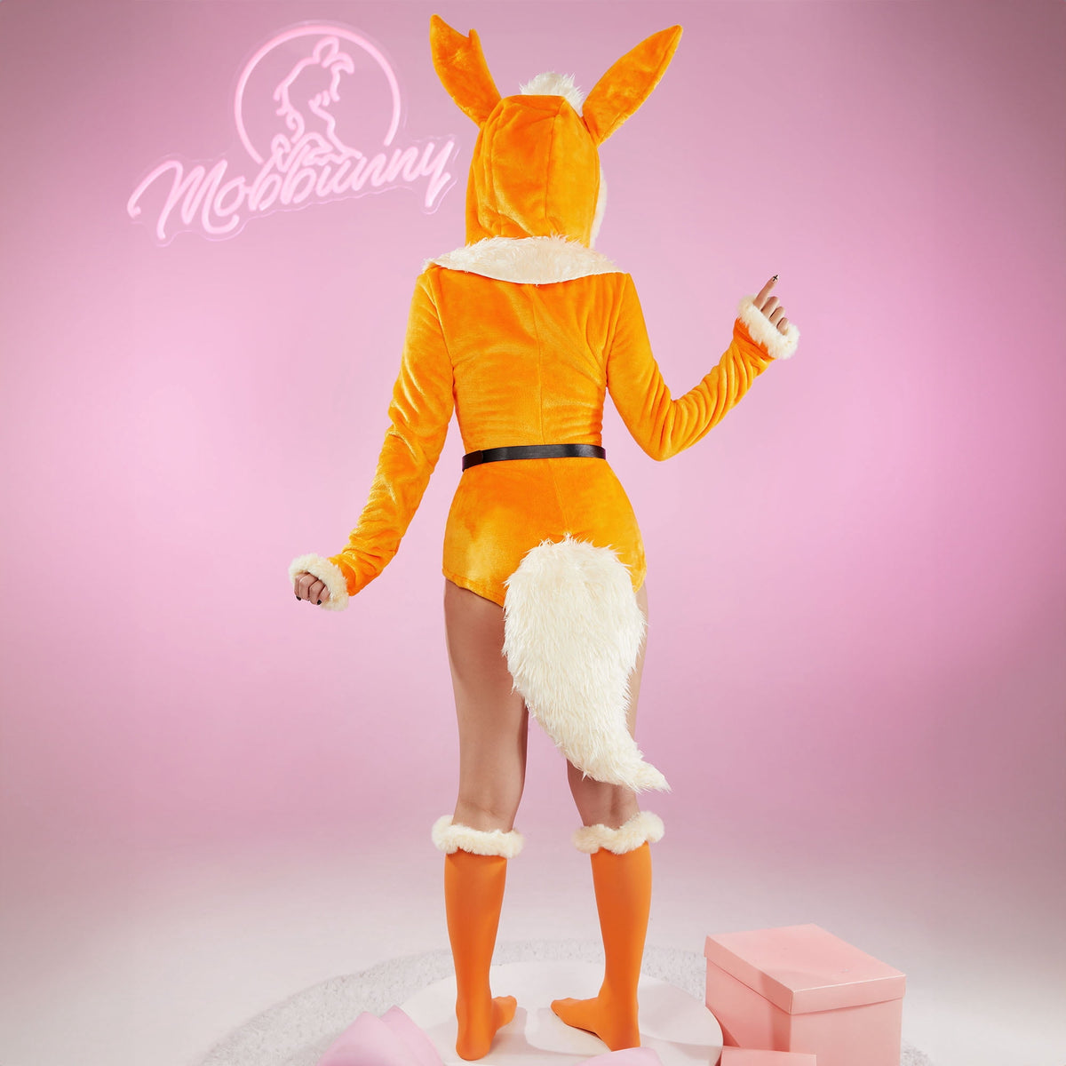 Women sexy Fluffy Hooded Bodysuit Halloween Deep V Kawaii One Piece Lingerie Rompers with Choker and Socks