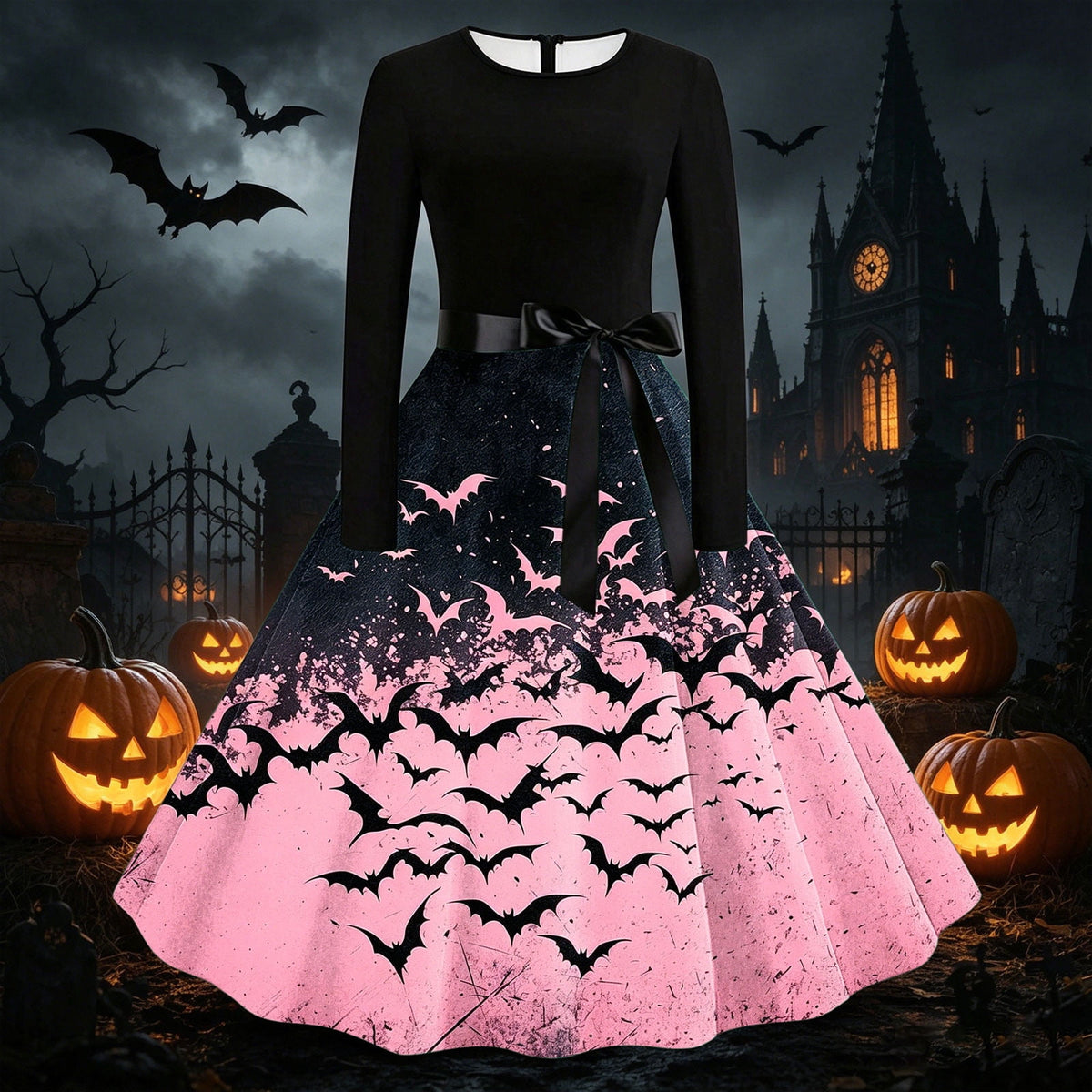 Women's Vintage Halloween Bat Print Swing Dress Long Sleeve 1950s Retro A-Line Midi Dresses with Satin Sash Belt for Gothic Cosplay Evening Prom Party