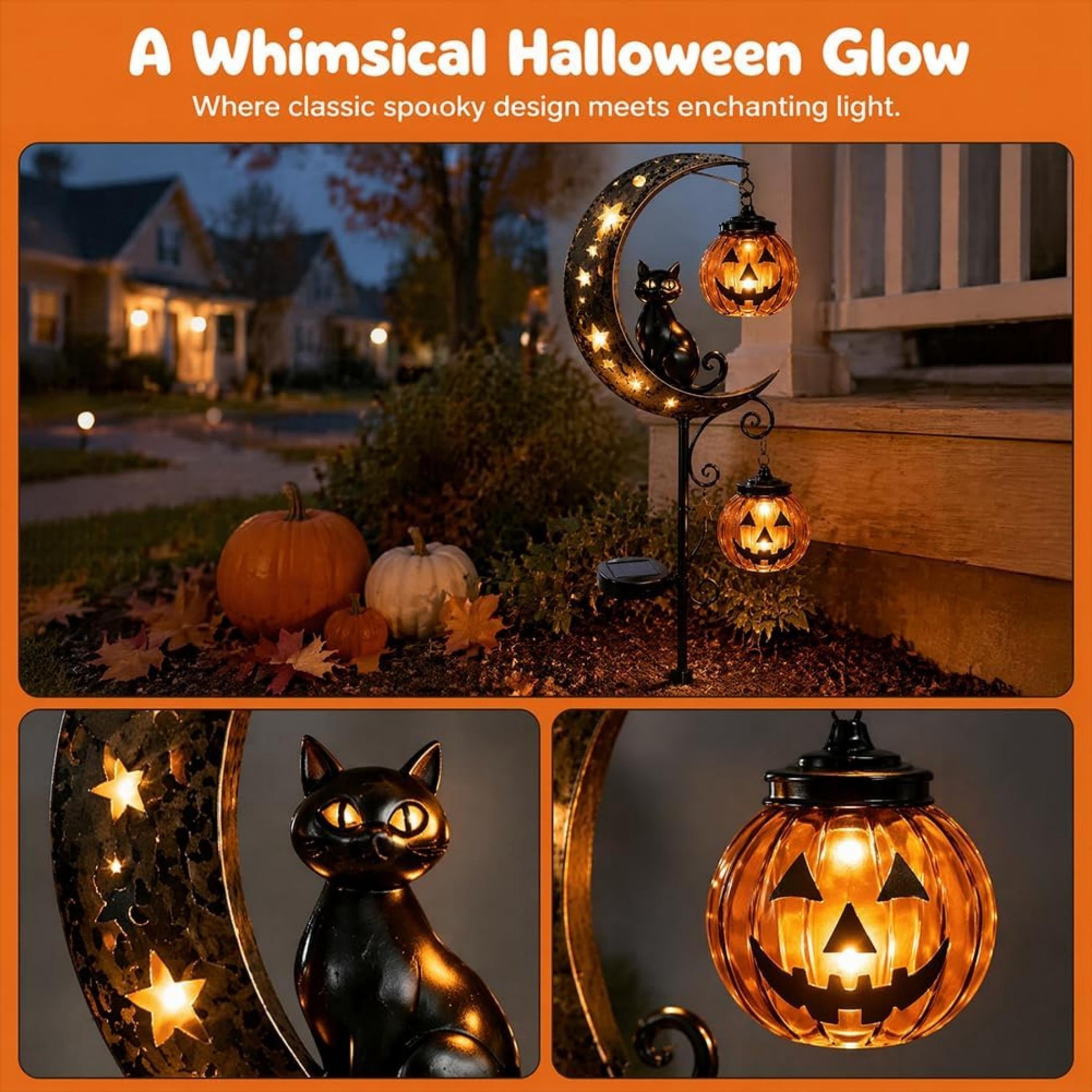 Clearance 35" Halloween Solar Pumpkin Moon Garden Stake Light with Black Cat Outdoor Waterproof LED Yard Decoration Hanging Jack-o'-Lantern for Garden, Patio, Walkway, Porch (C)