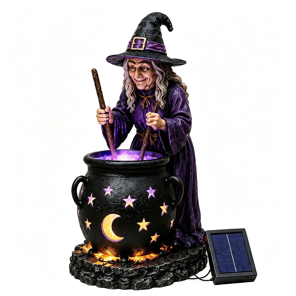 Halloween Witch Cauldron Solar Garden Light, Outdoor Resin Witch Figurine Holiday Decorations for Garden Patio Lawn Pathway Fall Party