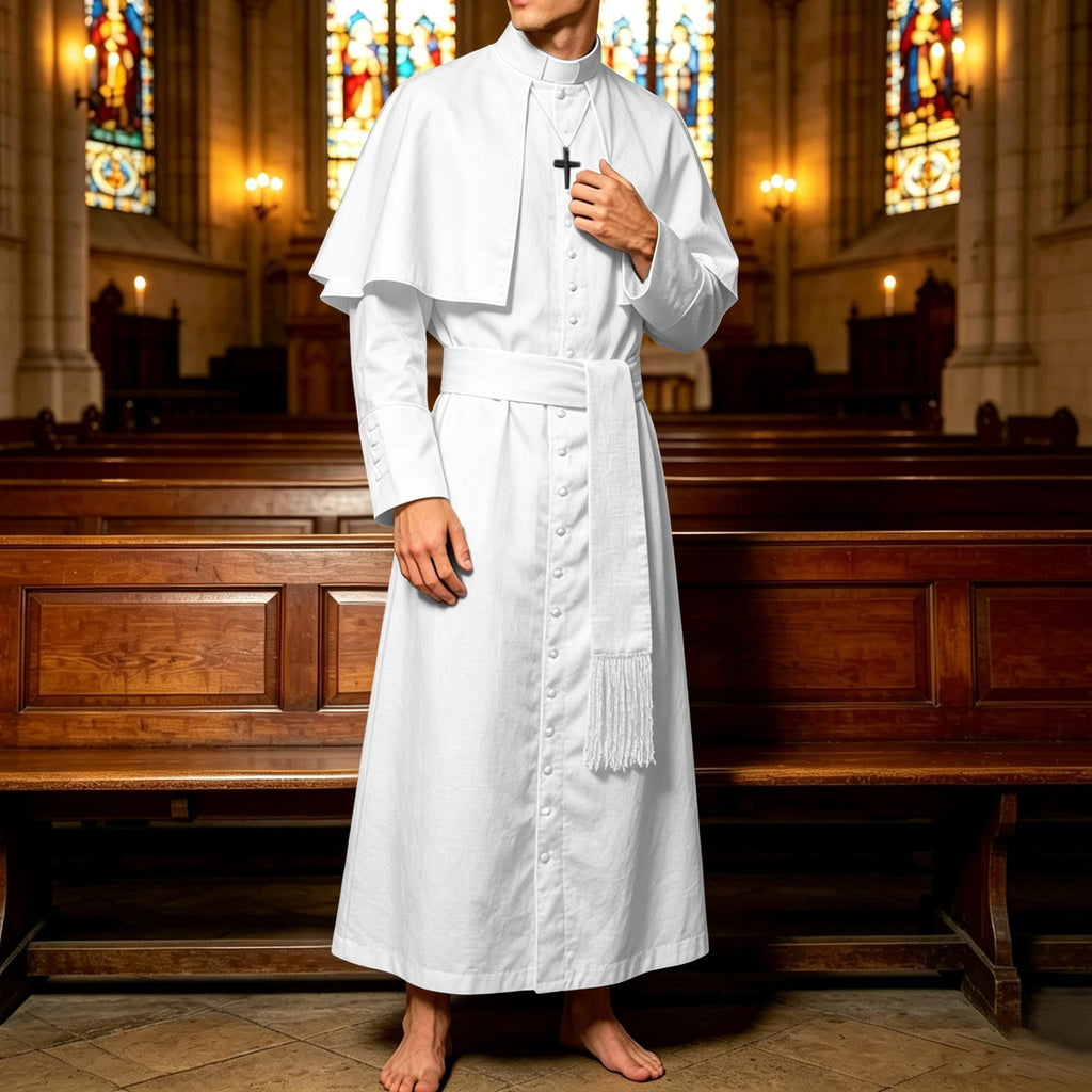 JOANKDMI Catholic Priest Costume for Men Clergy Cassock Robe with Capelet and Sash Halloween Party Outfit Religious Father Minister Fancy Dress for Men