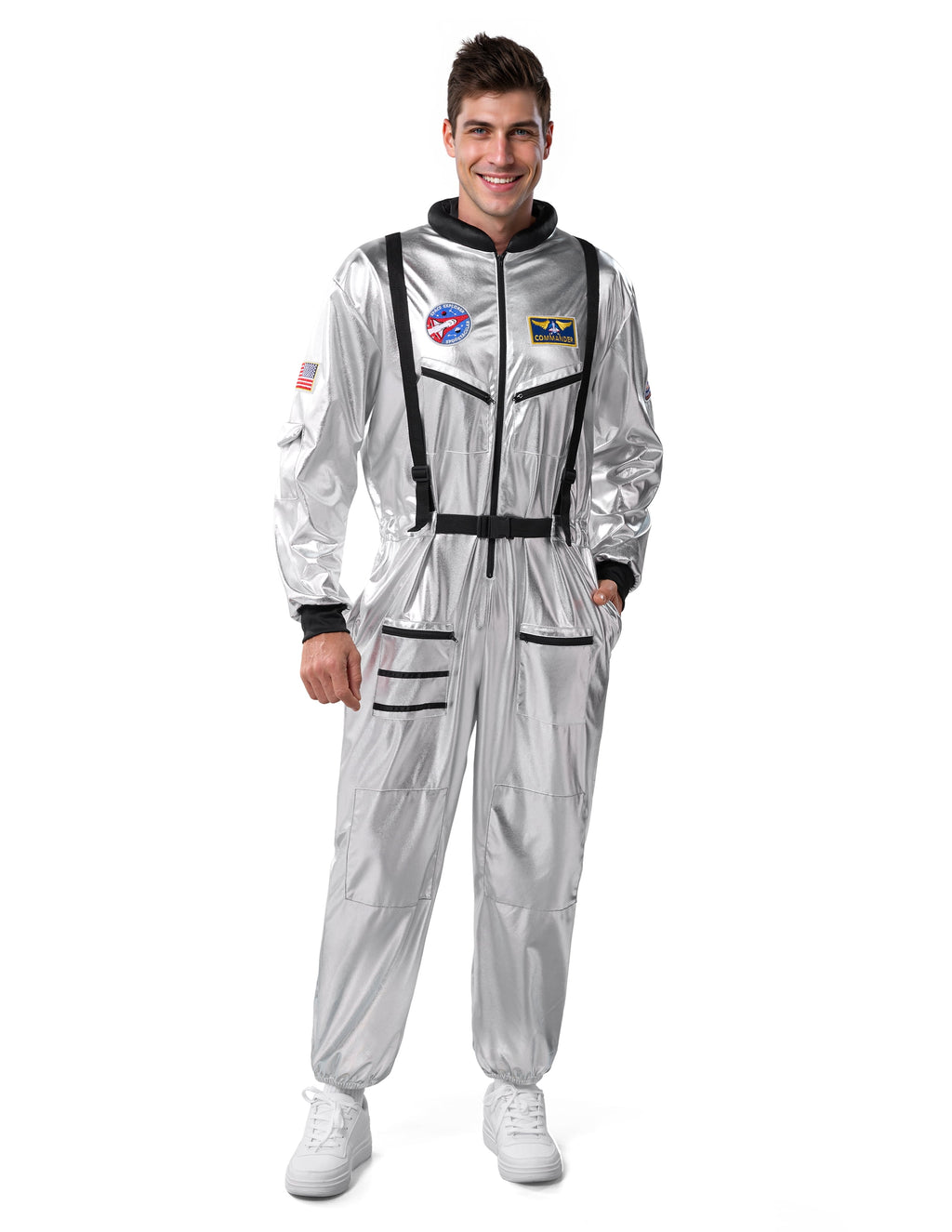 Joyfy Adult Men Astronaut Costume Halloween Spaceman Costume Silver Space Suit Spaceman Jumpsuit Pilot Outfit for Halloween Party Cosplay