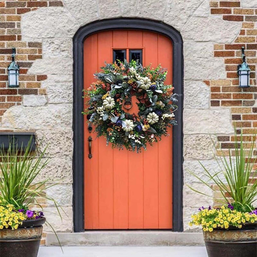 MXTPOV Halloween Decorations 19x19 inch Fall Garland White Pumpkin Berries Flowers Mixed Leaves Halloween Garland Thanksgiving Decorations Fall Wreaths for Front Door Home Decor