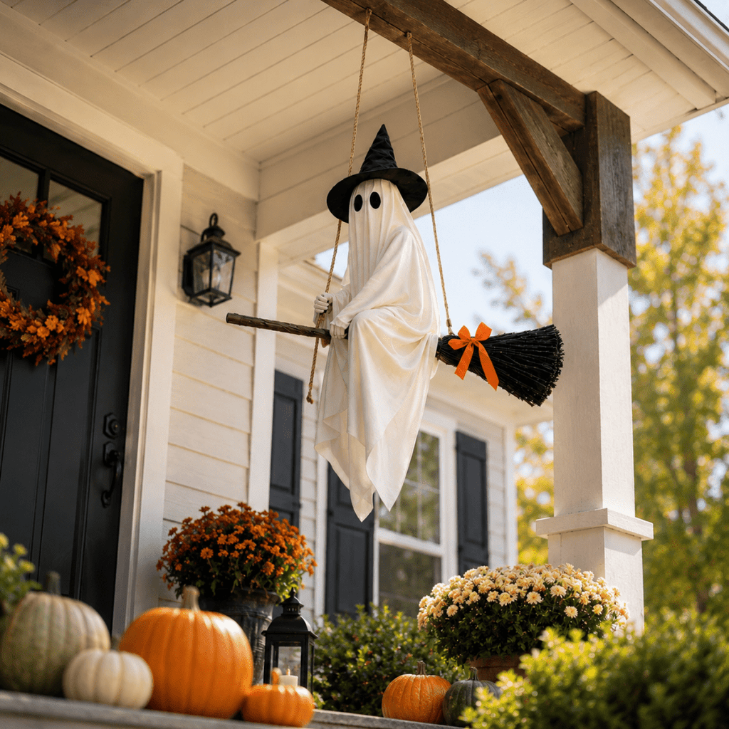 LIGHTED HANGING GHOST WITCH HALLOWEEN DECORATION Floating White Ghost With Black Witch Hat Rustic Broom And Orange Bow Warm Glow