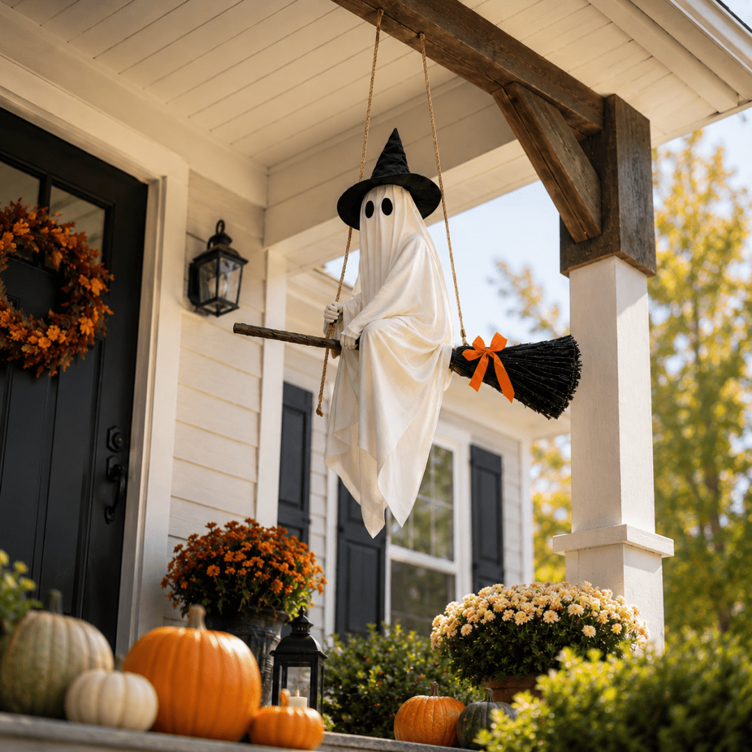 LIGHTED HANGING GHOST WITCH HALLOWEEN DECORATION Floating White Ghost With Black Witch Hat Rustic Broom And Orange Bow Warm Glow