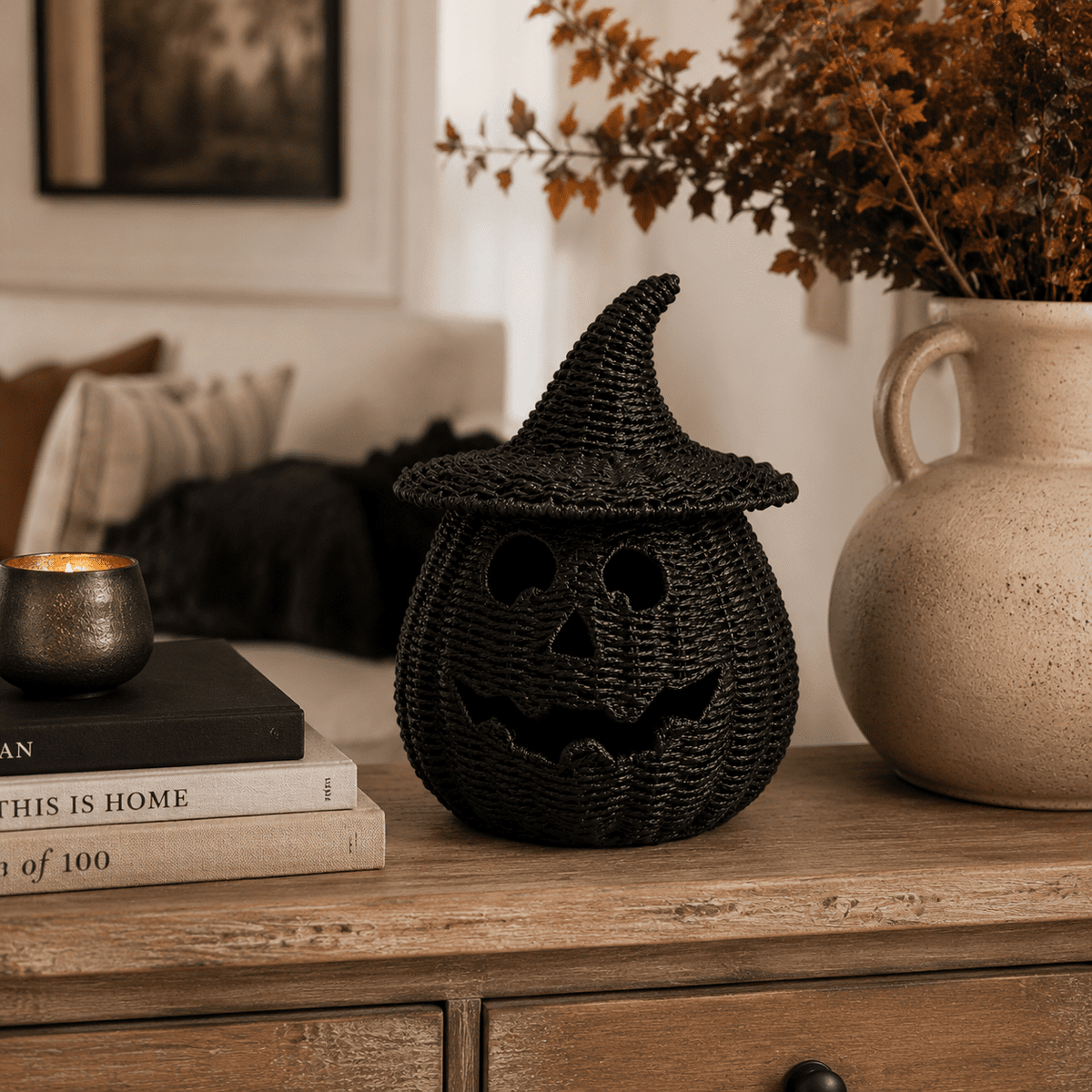 Aximioll Black Wicker Jack-O-Lantern Pumpkin 11.8In, Woven Rattan Halloween Pumpkin with Witch Hat, Cutout Face Tabletop Decor for Porch Entryway Mantel, Black