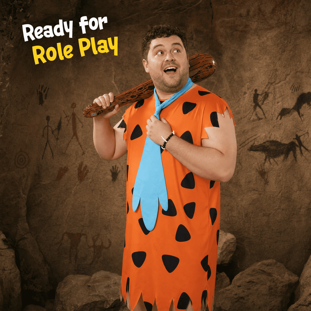 VZQI Adult Caveman Costume Set for Men, Stone Age Tunic with Club and Necklace for Halloween Cosplay Party
