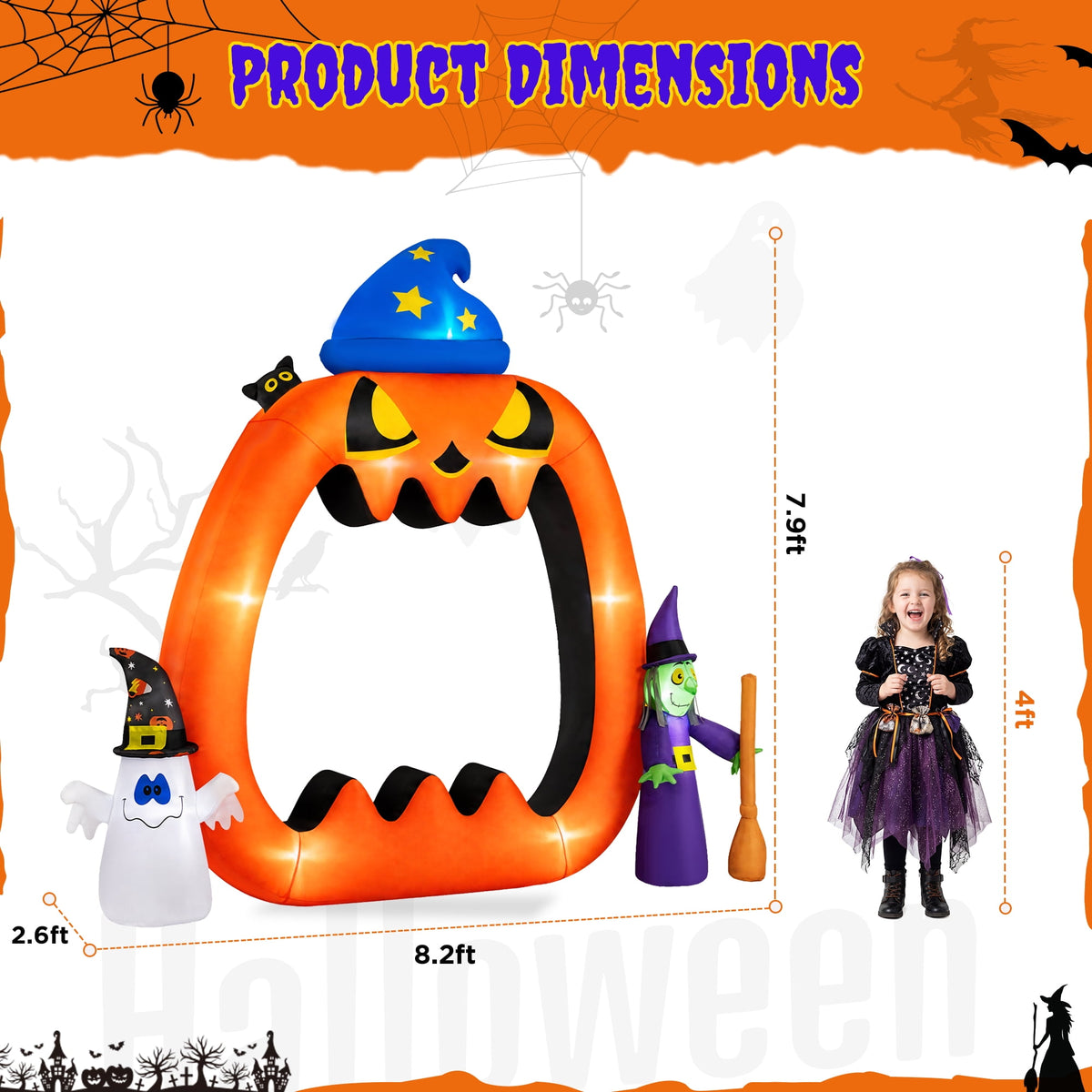 Firstness 8.2ft Halloween Inflatable Pumpkins Photo Door with Ghost Witch Yard Party Outdoor Decorations with LED Lights