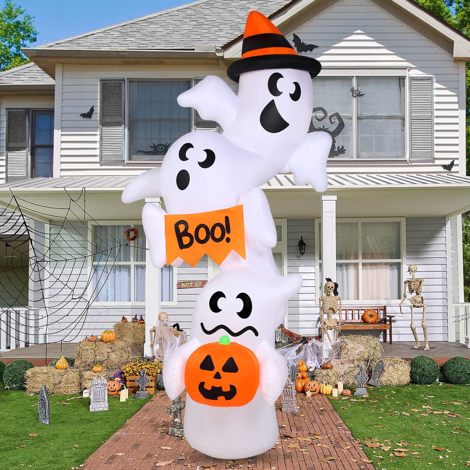 Joyfy 5ft Halloween Inflatables Light up Cute Ghost,Blow Up Ghost Lift Pumpkin Candy Bag with Build-in LEDs for Yard Decorations