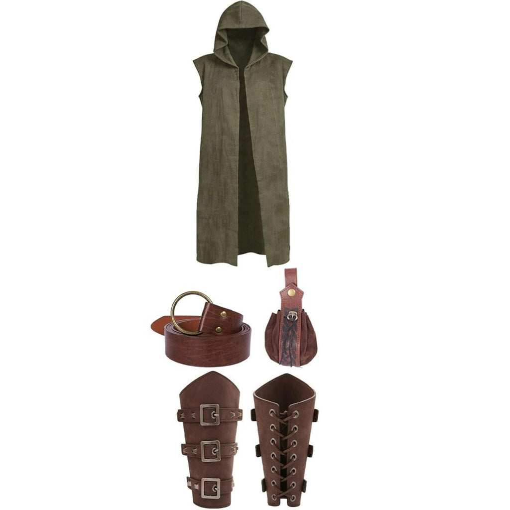 Men's Medieval Vintage Viking 5-Piece Cosplay Costume Set Sleeveless Hooded Cape Belt and Bracers for Halloween