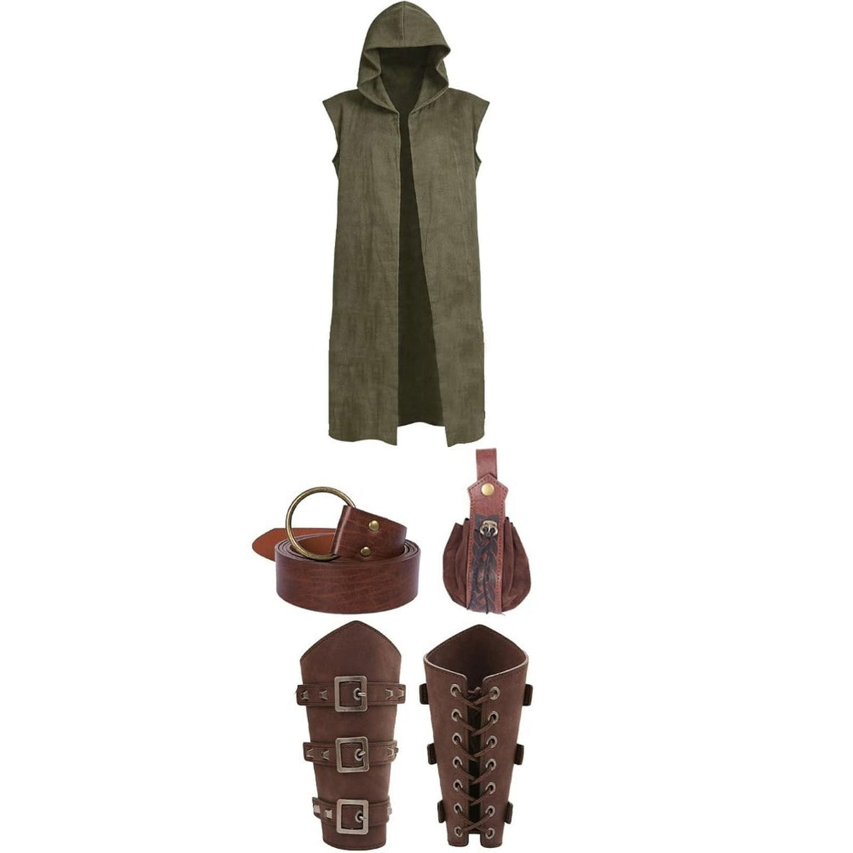 Men's Medieval Vintage Viking 5-Piece Cosplay Costume Set Sleeveless Hooded Cape Belt and Bracers for Halloween