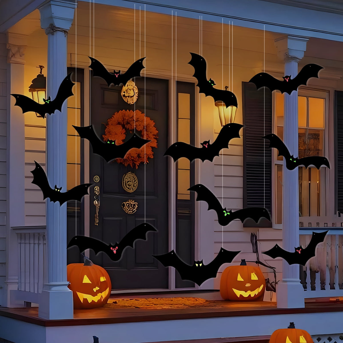 KORALAKIRI 16 Pcs Halloween Hanging Bats Decorations Outdoor, Waterproof Black Bat with Glowing Eyes for Front Door Yard Tree Halloween Hanging Decorations Outside