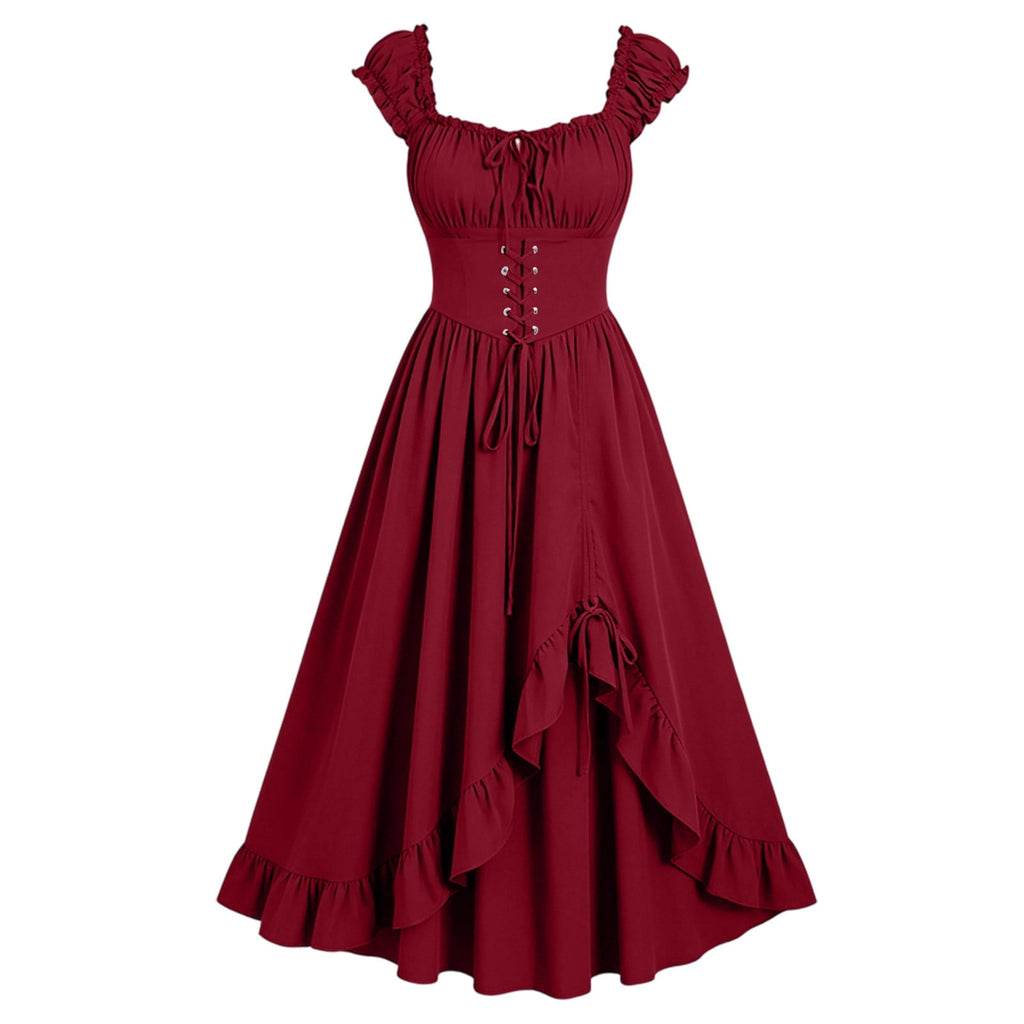 Gothic Dresses for Women Medieval Renaissance Halloween Costume Lace Up Corset High Low Ruffle Hem Square Neck Vintage Gown