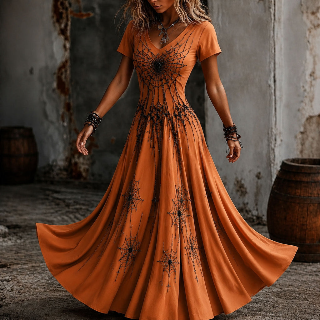 KICILVS Gothic Clothes For Women Black Spiderweb And Spider Print Flowing V Neck Long Maxi Dress Halloween Cosplay Gothic Party Dress